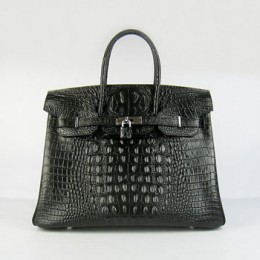 Hermes Birkin 35Cm Crocodile Head Stripe Handbags Black Silver